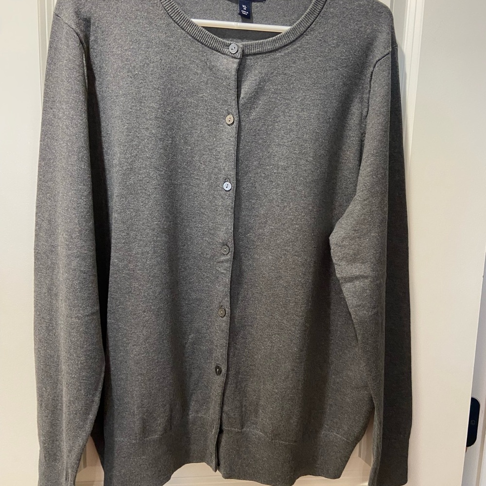 Lands' End Gray Crewneck Button Cardigan